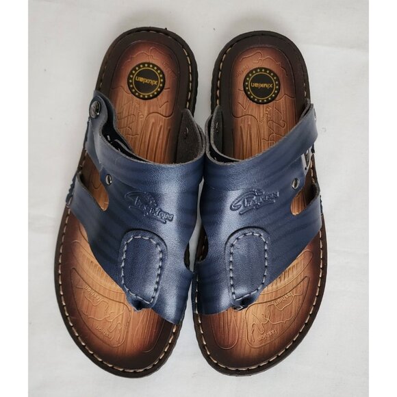 XiuXian Men's Navy Blue/Brown Fashion Leather Flip Flop Slipper Sandal Size 42 - Picture 3 of 10